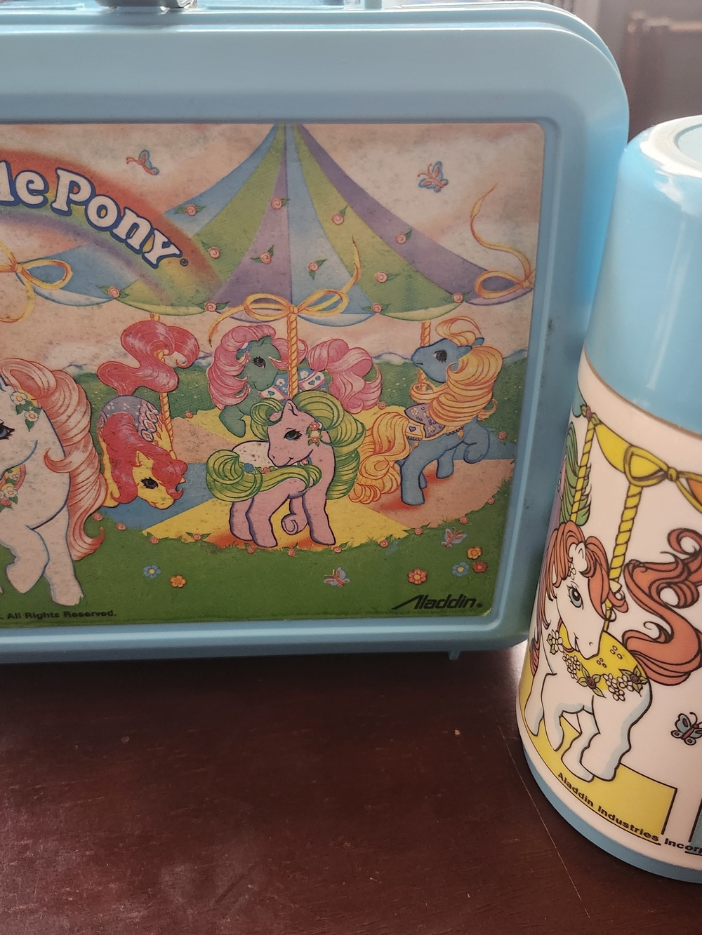 Vintage 1989 My Little Pony Aladdin Teal Carousel Lunchbox & Thermos